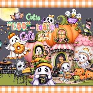 May include: A digital illustration featuring the text Cutie BOO-tootie Café Saving Game. The scene depicts ghosts in a pumpkin-themed café setting with orange pumpkins, a black cat, pastries, coffee mugs, and a full moon against a dark background.