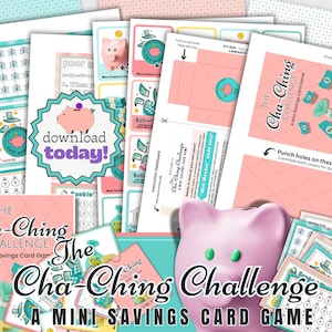 May include: A collection of pink and teal card game components, including cards, instructions, and a piggy bank. The game is titled "The Cha-Ching Challenge: A Mini Savings Card Game" and features illustrations of money and savings.