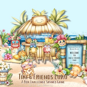 Puede incluir: Ilustración de una escena de Tiki & Friends Luau en Waikiki Beach. La imagen presenta un bar con personajes de piña, estatuas tiki y flores tropicales. Un letrero dice "Welcome to Tiki & Friends Luau".