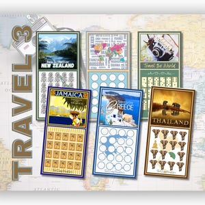 May include: A set of six rectangular travel-themed scratch-off cards featuring illustrations of New Zealand, Jamaica, Greece, Thailand, and world maps. Each card displays specific icons or grids for tracking destinations with the text TRAVEL 3.