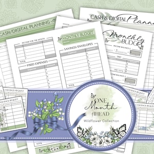 May include: A collection of printable financial planning sheets with a floral and butterfly theme. The sheets include sections for monthly budgeting, income, expenses, and savings. The design features a soft color palette and the text "One Month Ahead Wildflower Collection."