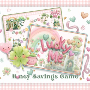May include: Watercolor illustration of a money savings game with a pastel rainbow, hearts, and the text "Lucky Me." The game features a clover, a house, and the words "Money Savings Game."