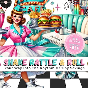 Könnte beinhalten: Eine Retro-Diner-Illustration mit einer Kellnerin, die Essen und Getränke trägt. Das Bild zeigt Burger, Pommes Frites, Milchshakes und eine Jukebox. Der Text enthält "CAFE", "SHAKE RATTLE & ROLL" und "NEW RELEASE FEBRUARY 2026".