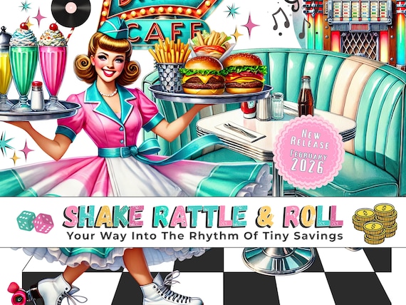 Shake Rattle & Roll Tiny Savings Challenge Bundle: A5 and A6 Low Budget Friendly, Printable Personal Finance Tool, 1950s Diner Theme Package