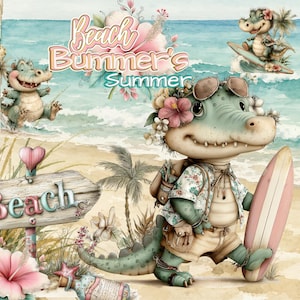 Puede incluir: Una ilustración digital que muestra un cocodrilo verde con gafas de sol y una camisa floral, sosteniendo una tabla de surf en una playa. La escena incluye un letrero de madera con la palabra Beach, flores de hibisco rosas y el texto Beach Bummer's Summer.