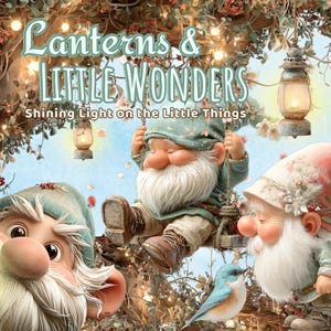 Pode incluir: Três gnomos com barbas brancas e chapéus pontiagudos estão num cenário de floresta com lanternas brilhantes. O texto diz "Lanterns & Little Wonders" e "Shining Light on the Little Things". Um pequeno pássaro azul está perto dos gnomos.