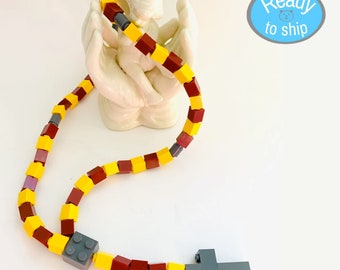 Kids Rosary Made with Lego Bricks -  Dark Red , Yellow and Dark Gray Rosary