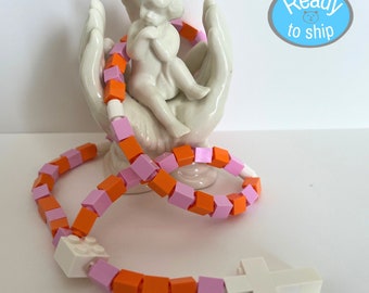 Pink Rosary Made With Lego Bricks -  Pink, Orange and White Rosary  - First Communion, Baptism, Confirmation Gift