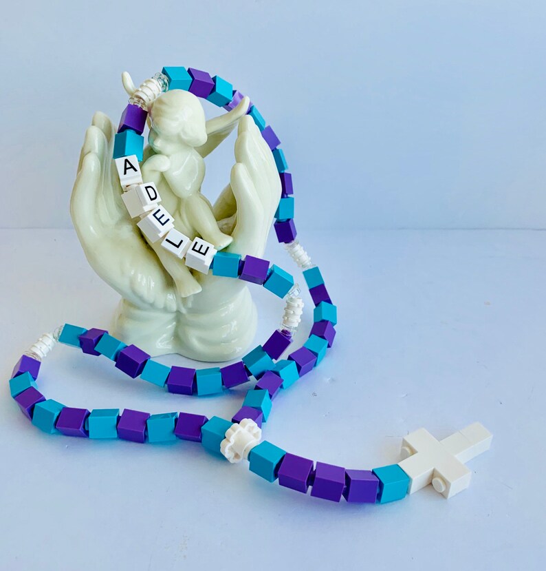 Girl Rosary Personalized turquoise & purple Rosary Made With Lego Bricks First Communion, Baptism, Confirmation Gift image 3