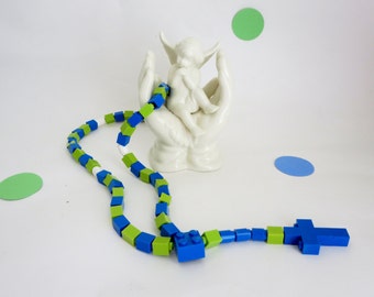 Rosary made With Lego Bricks - Blue and Lime Green Boy First Communion Gift