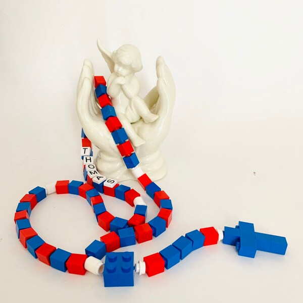 Reserved for Teri -Personalized Rosary -  Red, Blue and White Kids Rosary  Made With Lego Bricks -  First Communion, Baptism, Gift