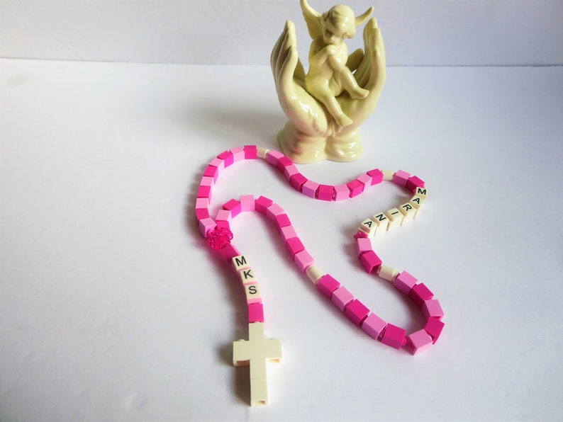 Gepersonaliseerde roze en paarse rozenkrans gemaakt met Legostenen eerste communie, doop, bevestigingscadeau afbeelding 6