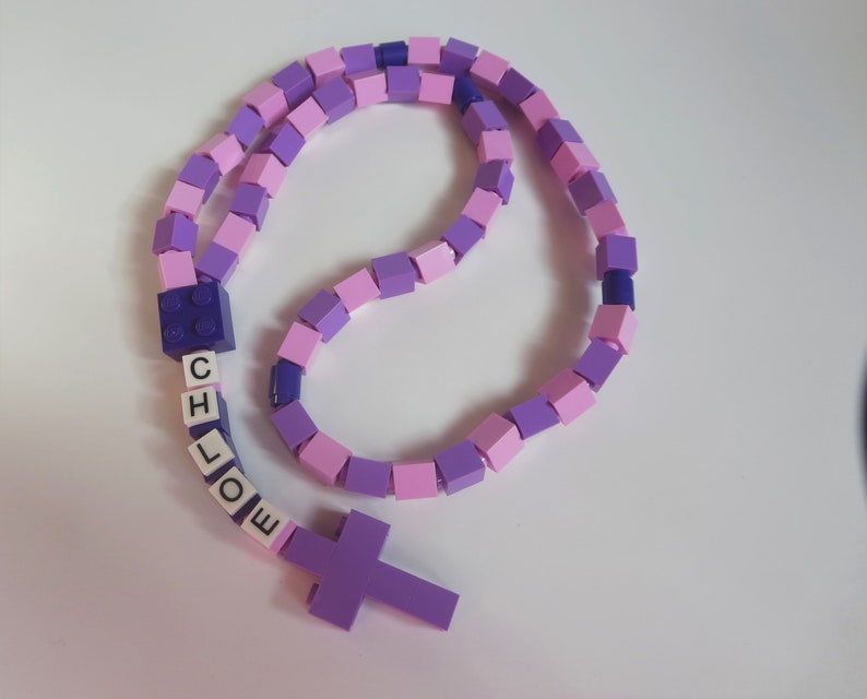 Personalized Pink & Purple Rosary Made With Lego Bricks First Communion, Baptism, Confirmation Gift image 3