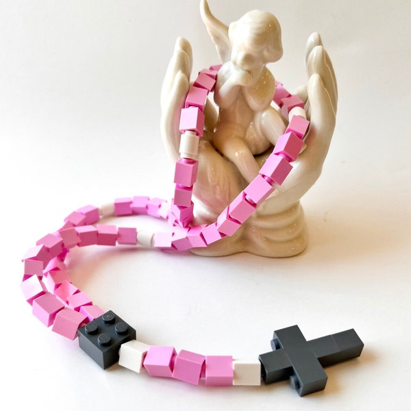 Catholic Girl Pink Rosary  - Pink and Gray Rosary Made of Lego Bricks  -Girl Catholic Rosary - First Communion Gift