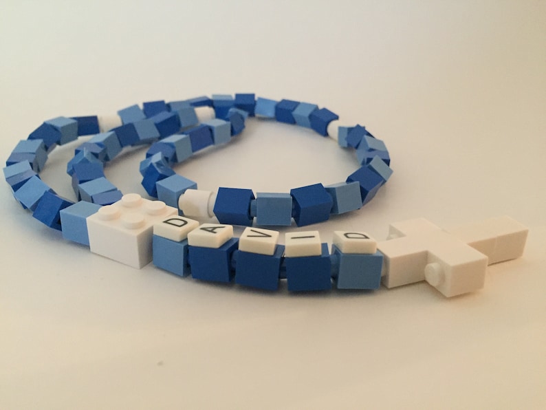 Rosario azul y blanco personalizado hecho con ladrillos Lego Primera Comunión, Bautismo, Regalo de Confirmación Rosario azul, azul claro y blanco imagen 6