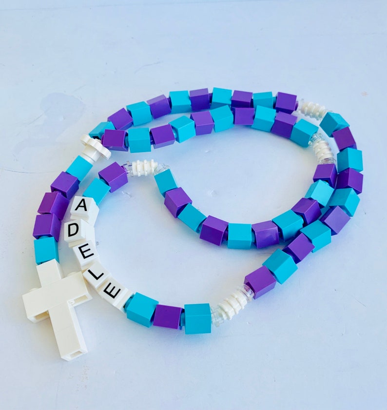 Girl Rosary Personalized turquoise & purple Rosary Made With Lego Bricks First Communion, Baptism, Confirmation Gift image 2