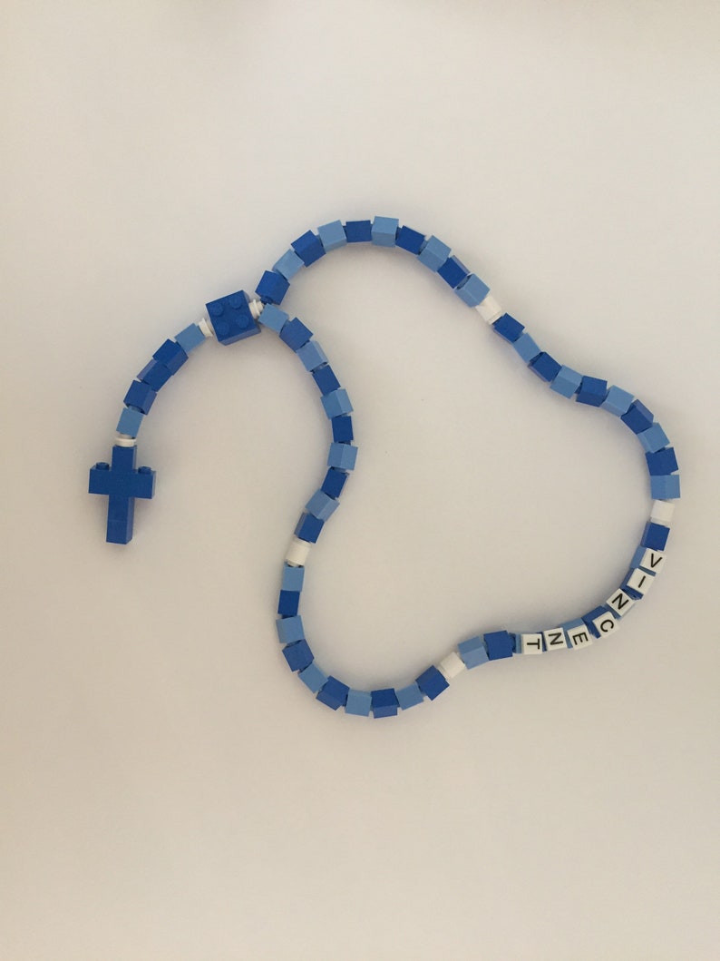 Rosario azul y blanco personalizado hecho con ladrillos Lego Primera Comunión, Bautismo, Regalo de Confirmación Rosario azul, azul claro y blanco imagen 7