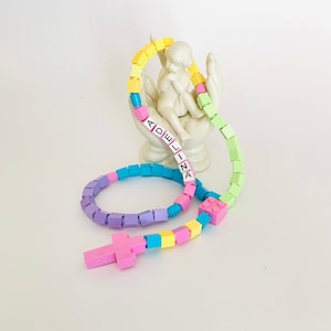 Rosario de primavera personalizado en colores pastel hecho con piezas de Lego: regalo de primera comunión, bautismo, confirmación y para niñas de las flores