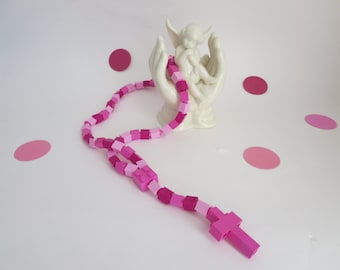 Pink Child Rosary  - Girl First Communion Pink and Magenta Made with  Lego Bricks - Rosary with flowers