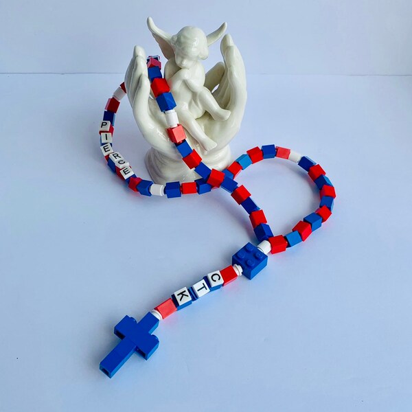 Personalized Rosary -  Red, Blue and White Kids Rosary  Made With Lego Bricks -  First Communion, Baptism, Confirmation, Graduation Gift