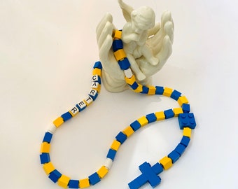 Personalized Blue and Yellow Rosary Made With Lego Bricks - First Communion Rosary Gift