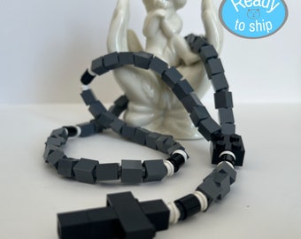 Rosary Made With Lego Bricks -  Dark Grey, Black and White Rosary  - First Communion Gift - Blue, Light Blue & White Rosary