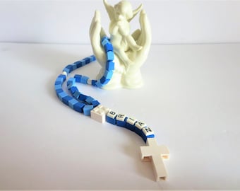 Rosario azul y blanco personalizado hecho con piezas de Lego - Regalo para primera comunión, bautismo y confirmación - Rosario azul, celeste y blanco