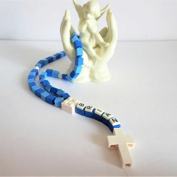 Personalized Blue and White Rosary Made With Lego Bricks -  First Communion, Baptism, Confirmation Gift - Blue, Light Blue & White Rosary