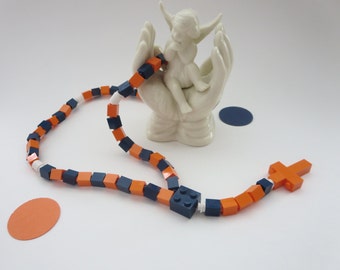 Children Catholic Rosary Made With LEGO® Bricks - Orange and Dark Blue Child Rosary - First Communion, Baptism, Easter Gift