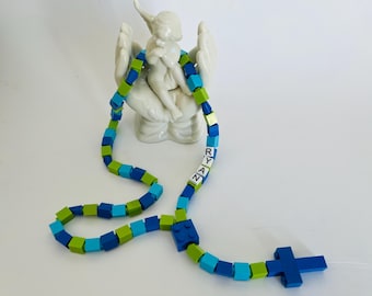 Personalized Catholic Child Rosary - Custom Name Blue , Aqua and Green Rosary Rosary Made of Lego® Bricks