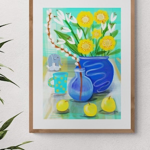 Lámina luminosa para comedor o sala de estar, arte mural colorido, póster de naturaleza muerta con flores. Arte mural maximalista, arte floral con elefante