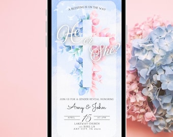 Religious Pink and Blue Cross Theme Gender Reveal Invitation Instant Download and Editable in Canva