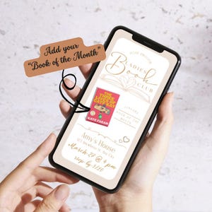 K&ouml;nnte beinhalten: Ein Smartphone-Bildschirm zeigt eine Einladung zu einem Buchclub. Die Einladung ist f&uuml;r ein Buchclub-Treffen bei Amy's House am 27. M&auml;rz um 16:00 Uhr. Das Buch des Monats ist "The Three Lives of Cat Kay" von Kate Fagan. Bitte bis zum 10. M&auml;rz anmelden.