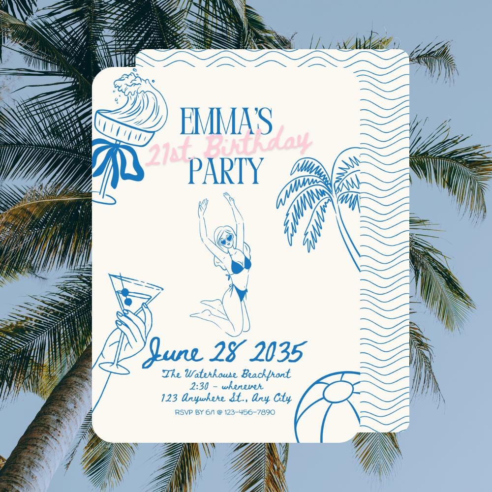 Hand Drawn 21st Birthday Pool or Beach Birthday Party Invitation Blue and Beige Instant Download Canva