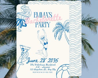 Summer Bachelorette HandDrawn Beach or Pool Invitation Instant Download Canva