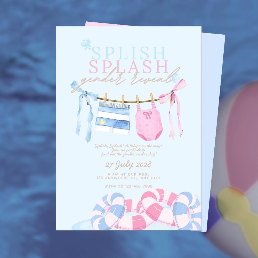 Summer Water Splish Splash Gender Reveal Themed Invitation Pool, Beach, Bows, Duck Canva