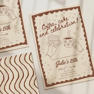 Pode incluir: Cartões de convite bege com bordas onduladas marrons. Os cartões apresentam ilustrações de uma xícara de café, bolo e mãos. O texto inclui "Coffee, cake and celebration!" e "Julie's 25th" com detalhes do evento.