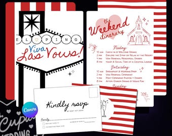 Hand Drawn Style Las Vegas Elopement or Vow Renewal Invitation, Itinerary and RSVP Bundle Viva Las Vows Wedding Instant Download Canva