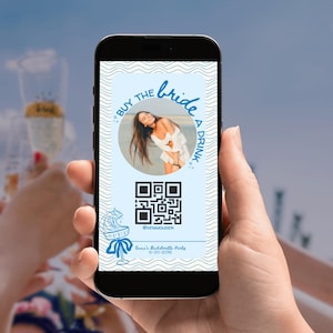 Sommer Bachelorette Hand gezeichnet Digital Kaufen Sie die Braut ein Getränk Venmo QR-Code Blau Fotovorlage Canva