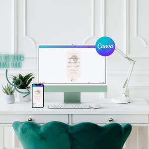 Puede incluir: Una pantalla de ordenador que muestra una plantilla de dise&ntilde;o para una invitaci&oacute;n de boda en Canva. La invitaci&oacute;n presenta un dise&ntilde;o floral con el texto "Save the Date" y "Our Night". Tambi&eacute;n se muestra un tel&eacute;fono inteligente, que muestra la misma plantilla de dise&ntilde;o.