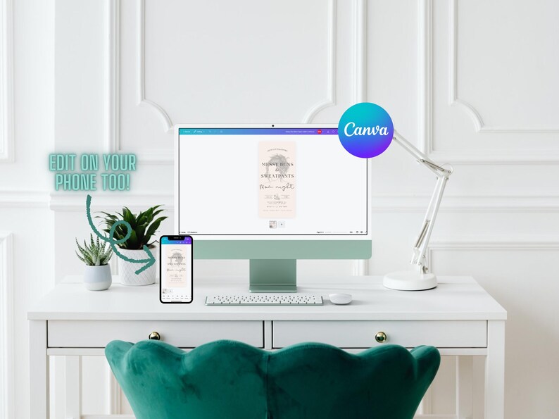 Puede incluir: Una pantalla de ordenador que muestra una plantilla de dise&ntilde;o para una invitaci&oacute;n de boda en Canva. La invitaci&oacute;n presenta un dise&ntilde;o floral con el texto "Save the Date" y "Our Night". Tambi&eacute;n se muestra un tel&eacute;fono inteligente, que muestra la misma plantilla de dise&ntilde;o.