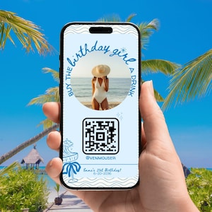 Kaufe das Geburtstagskind ein Getränk 21st oder irgendein Alter Geburtstag Sommer Strand oder Pool Hand gezeichnete blaue Foto-Digital-Venmo QR-Karte Canva