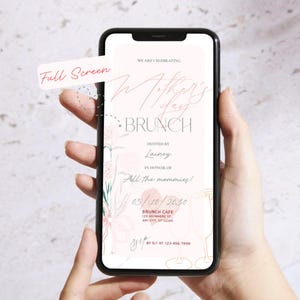 May include: A pink and green floral design Mother's Day brunch invitation on a smartphone screen. The invitation reads "We are celebrating Mother's Day Brunch" and includes the date 05/10/2030, the location Brunch Cafe, and the RSVP information.