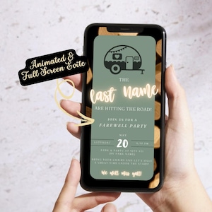 May include: A mobile phone screen displaying a farewell party invitation with a cartoon camper van graphic. The invitation is for "The last name" and includes the date, time, and location of the party. The text reads "The last name are hitting the road! Join us for a farewell party. Saturday, May 20, 4:30 PM. Park & Party at Site 431, [Park Name]. Bring your chairs and let's have a great time under the stars! We will miss yall!"