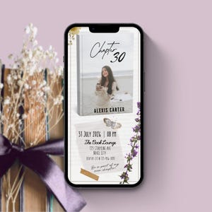May include: A smartphone displays a digital invitation for "Chapter 30" by Alexis Carter. The invitation includes a photo of a woman on a beach, event details, and a butterfly graphic. The event is at The Book Lounge.