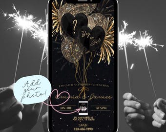 Fireworks Gender Reveal Invitation New Years Digital Invitation Gold and Black