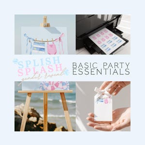 Könnte beinhalten: Ein Gender-Reveal-Party-Thema in Hellblau und Rosa. Das Bild zeigt ein Aquarellgemälde von Babykleidung auf einer Wäscheleine, gedruckte Aufkleber und ein Geschenk-Etikett. Der Text lautet "Splish Splash Gender Reveal" und "Basic Party Essentials."