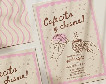 Invitación a Fiesta Cafecito y Chisme: Noche de Chicas Pan Dulce (Canva Editable, Descarga Digital