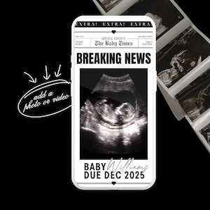 Digital Newspaper Baby Announcement: Photo or Video, Social Media (Canva Template Download)