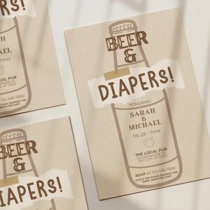May include: Tan-colored invitation cards with a beer bottle design. The text "Beer & Diapers!" is prominently displayed, along with event details, including names, date, time, and location. RSVP information is also included.